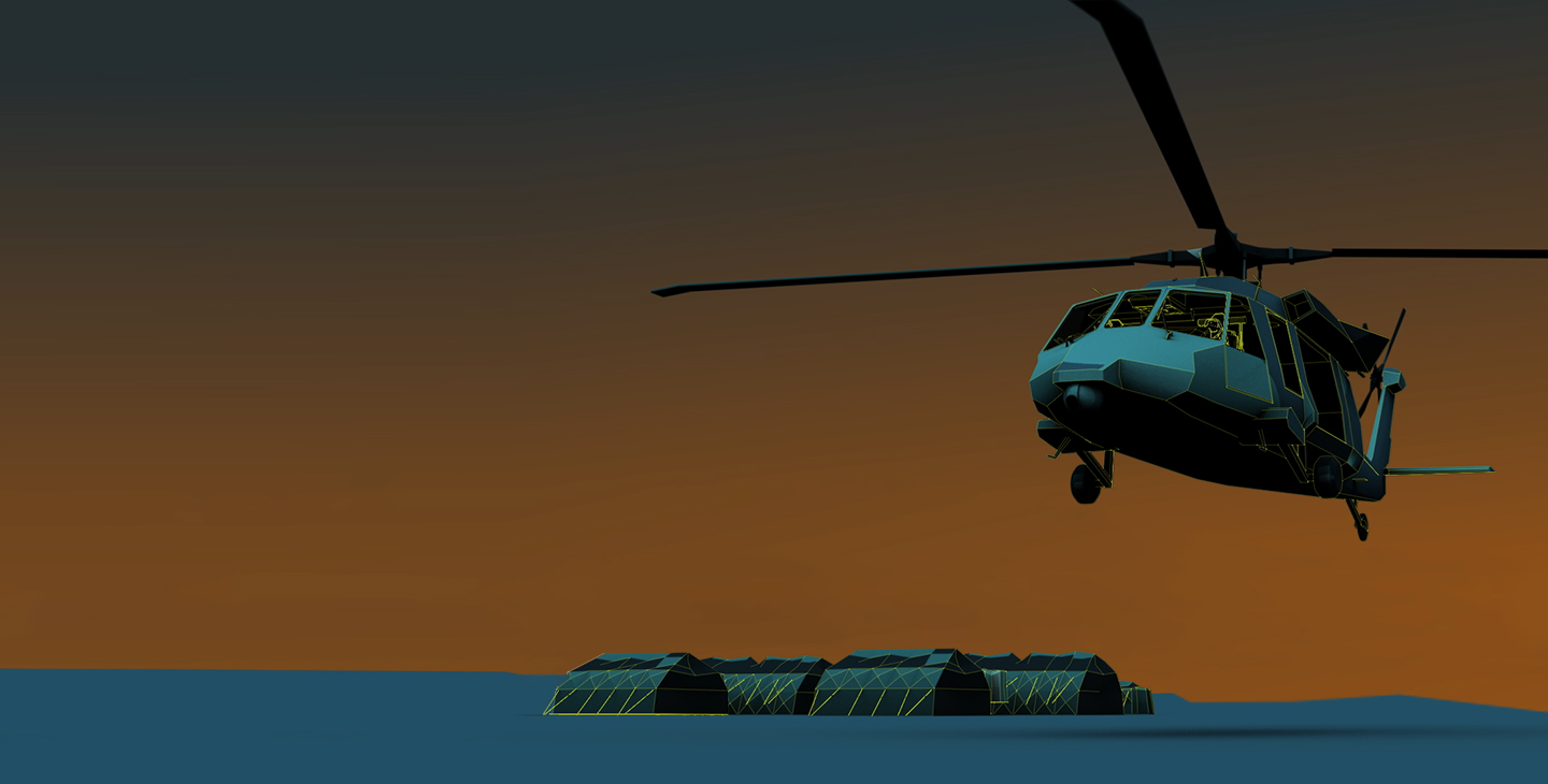 Digitized graphic of a UH-60 flying over military tents