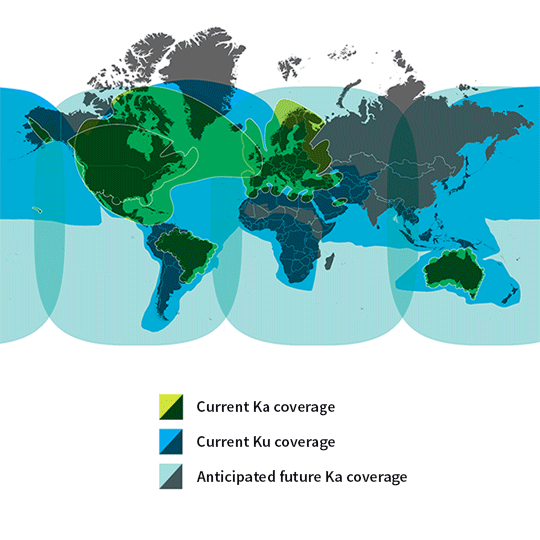 Current Viasat Ku and Ka SATCOM coverage map with anticipated future Ka coverage