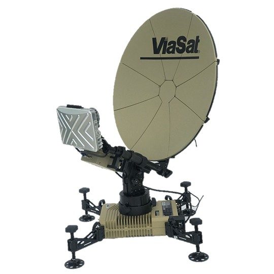 Product image of a tan Multi-Mission ground terminal featuring a black Viasat logo and TRIA
