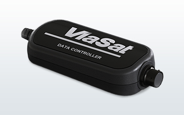Product image of a black SATCOM data controller with a white Viasat logo